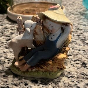 Whimsical Boy and Lamb Sculpture in Blue and Cream